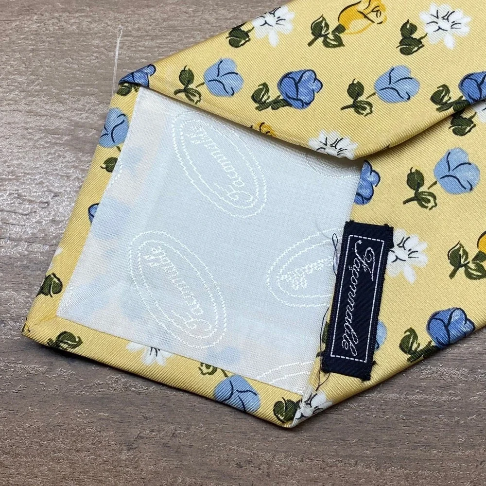Faconnable Mens Silk Tie Yellow Blue Floral Rose Pattern Handmade in France‎